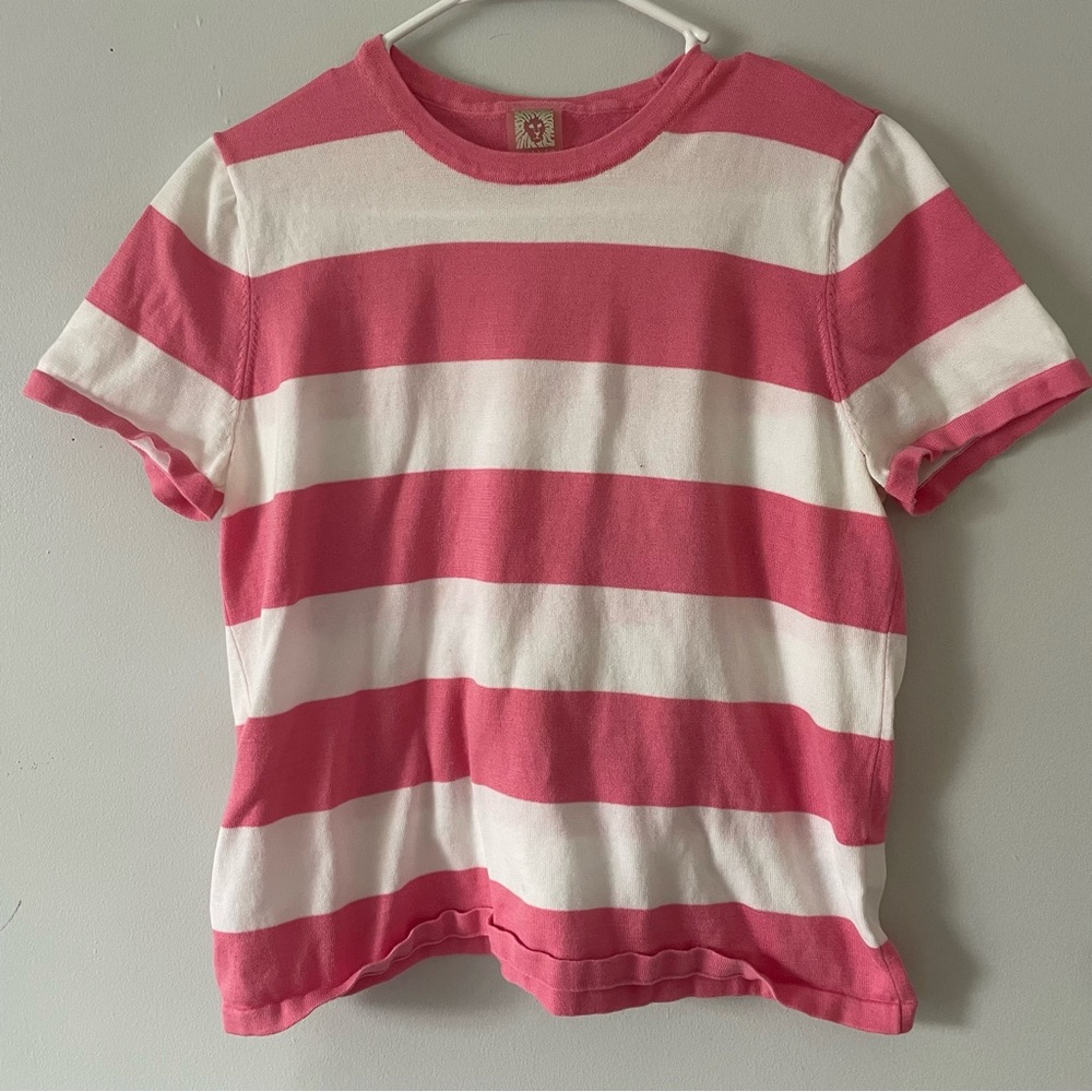 Pink and White Striped Anne Klein 100% Cotton Short Sleeve Tee Large